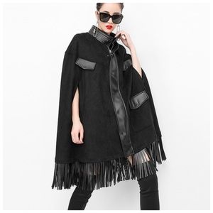 Black Fringe Vegan Leather Cape Jacket